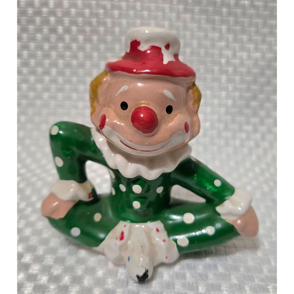 Vintage Ceramic Polka Dot Clown Figurine In Green & White Sitting Pose